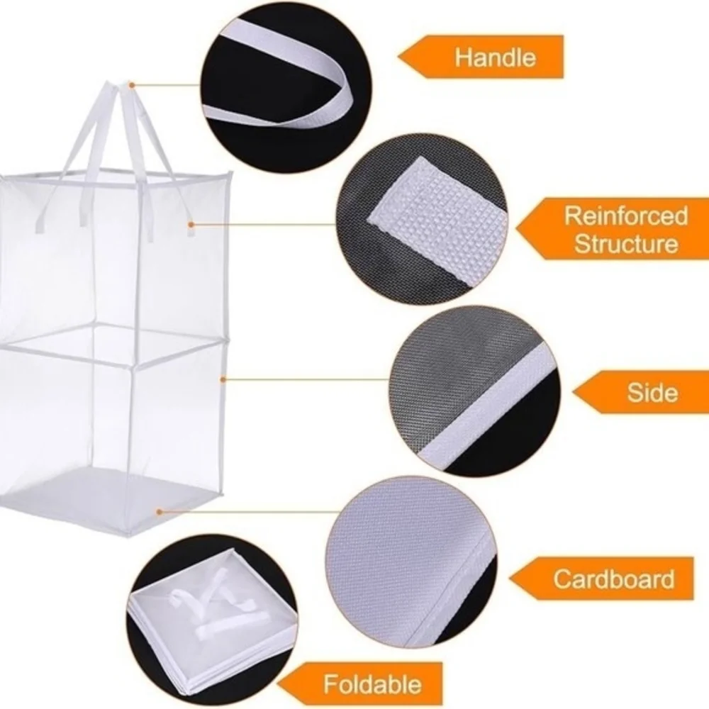 White Collapsible Mesh Laundry Hamper Foldable Polyester Bag with Handles VG